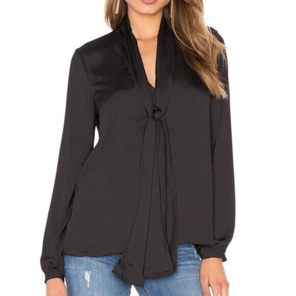 Revolve L'Academie 70's Blouse Neck Tie Black Long Sleeve Satin Boho Size XS - Picture 1 of 14